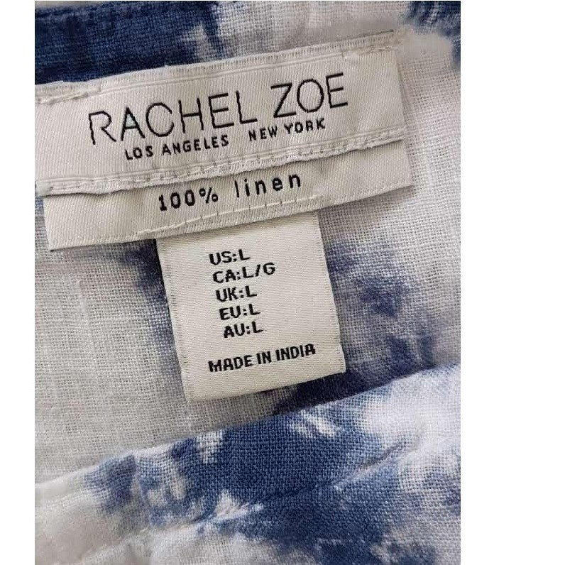 Rachel Zoe 100% Linen Blue White Tie Dye Boxy Short Sleeve Blouse Large  NWOT