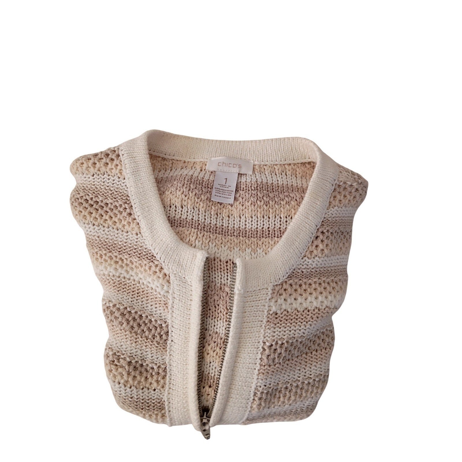 CHICO'S Neutral Zip Cardigan Beige Stripe Cotton Blend M NWOT Effortless Polish