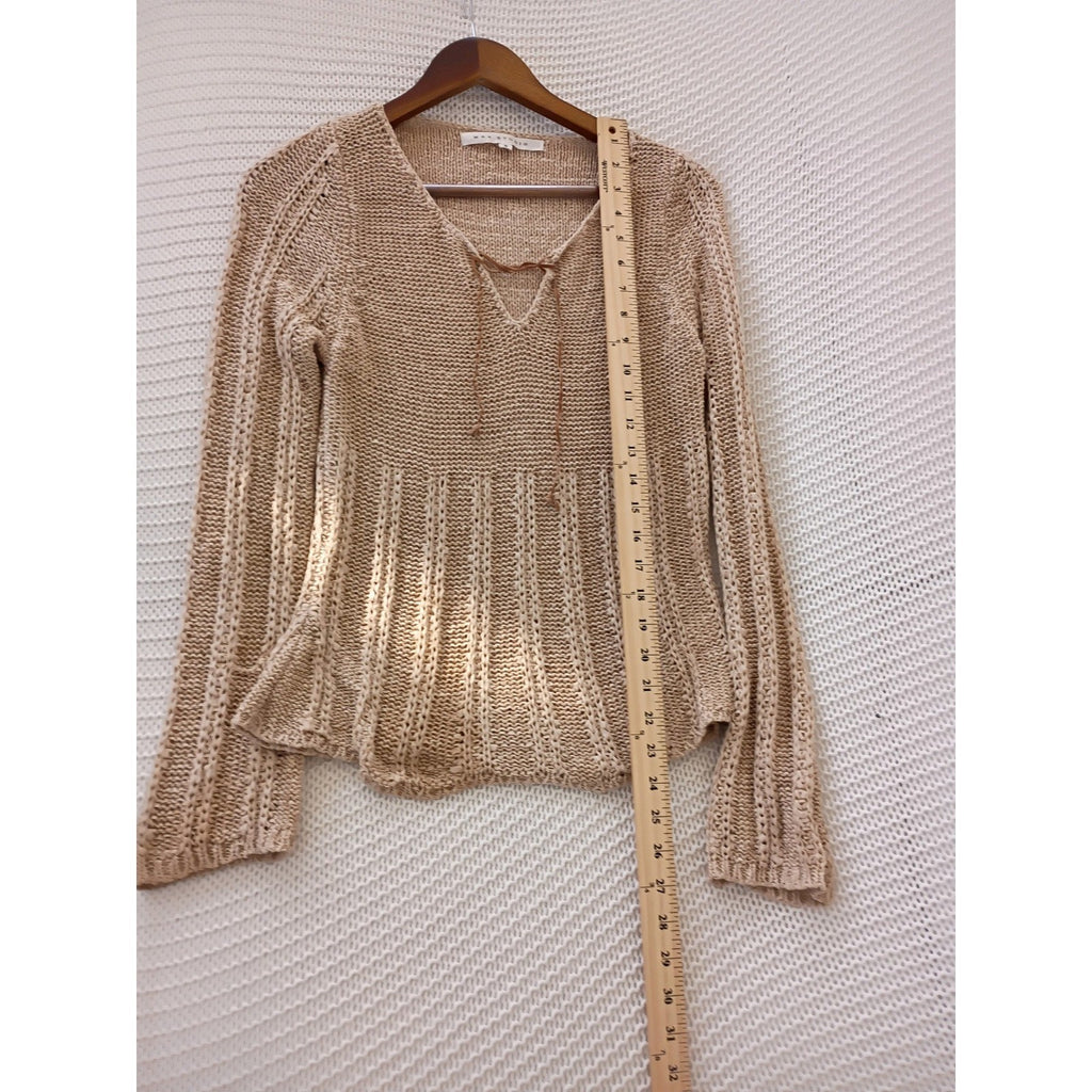 Max Studio Tan Beige Lace Up Hippie V-Neck Open Knit Ribbed Sweater S Coastal