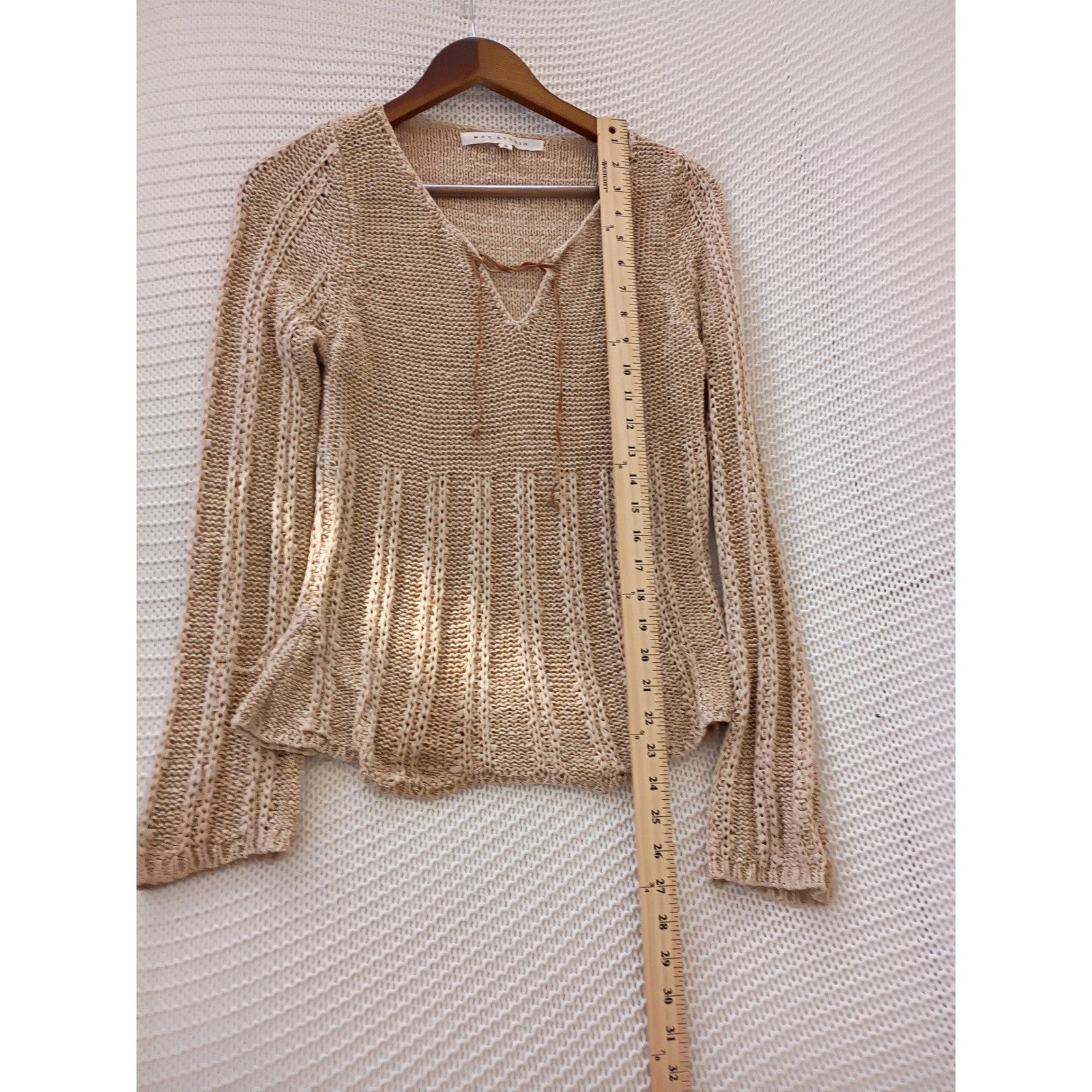 Max Studio Tan Beige Lace Up Hippie V-Neck Open Knit Ribbed Sweater S Coastal