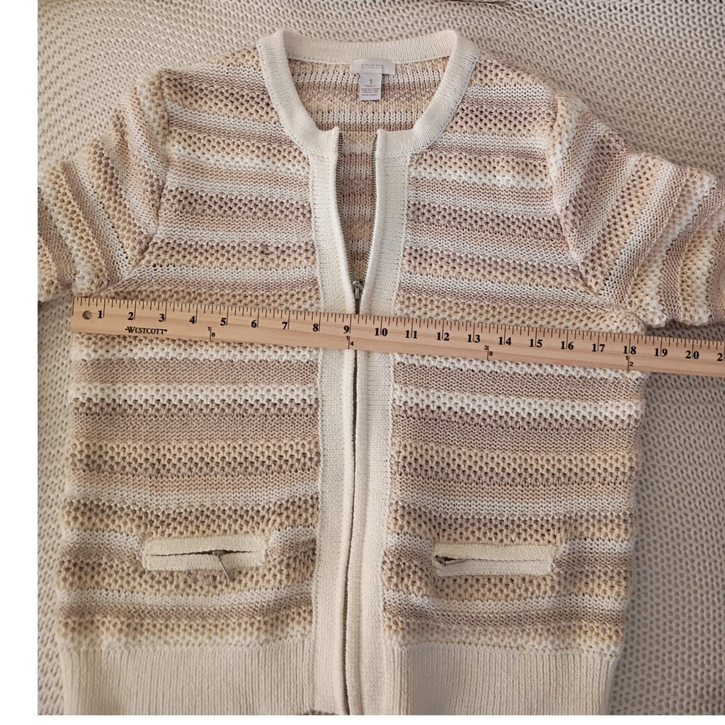 CHICO'S Neutral Zip Cardigan Beige Stripe Cotton Blend M NWOT Effortless Polish