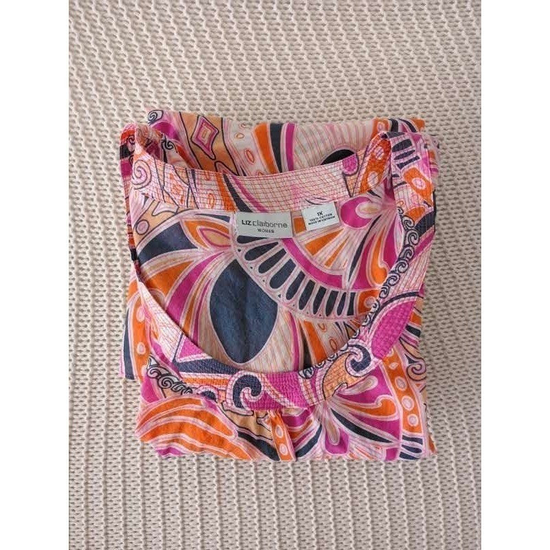 Liz Claiborne 100% Cotton Tunic Top Pink Orange Paisley 3/4 Sleeve V-Neck Fits L