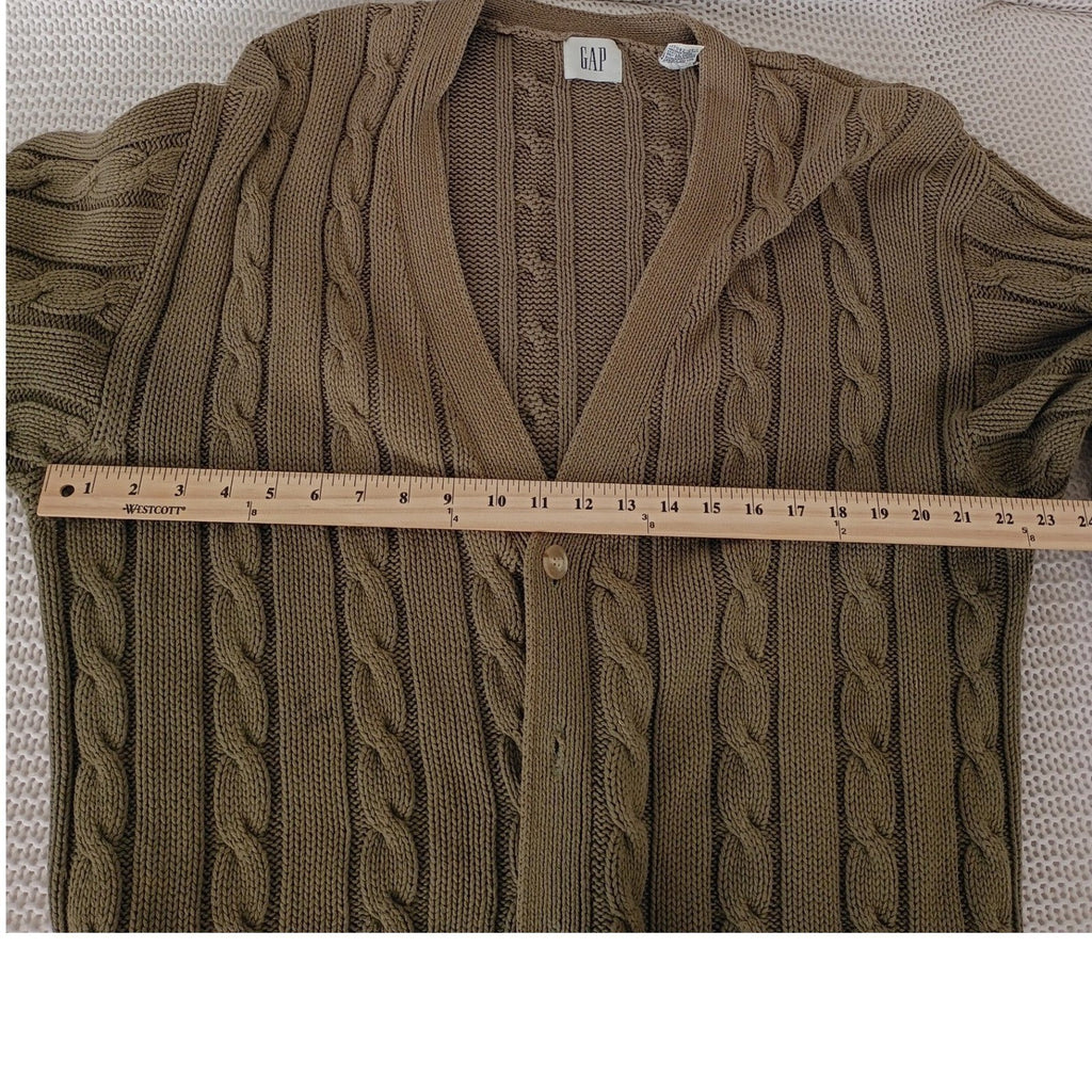 GAP Cable Knit Cardigan Sweater Olive Green Button Long Sleeve XL 100% Cotton