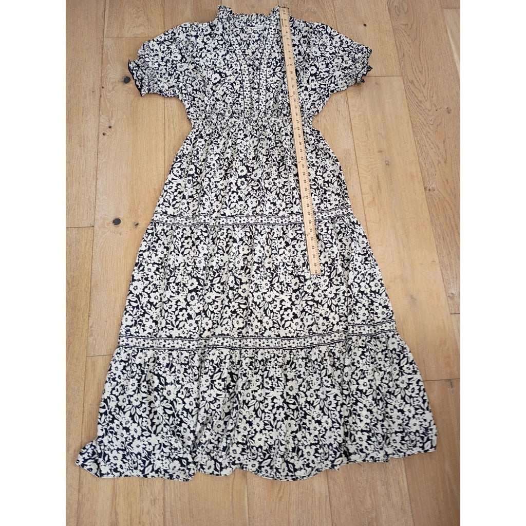 Max Studio London Black White Floral Smocked Waist Tiered Midi Dress Medium
