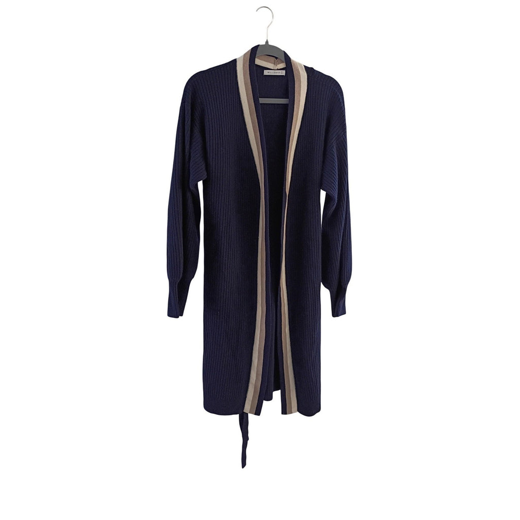 Coastal Grandma Navy Striped Ribbed Tie Waist Long Cardigan William B