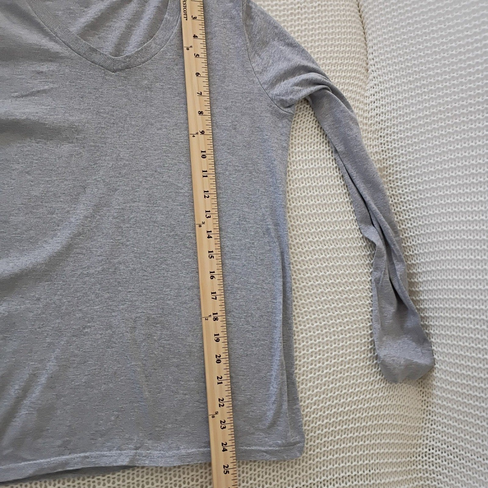 Soft Heather Grey Cotton V-Neck Long Sleeve T-Shirt Slim Fit Basic Tee W-Small