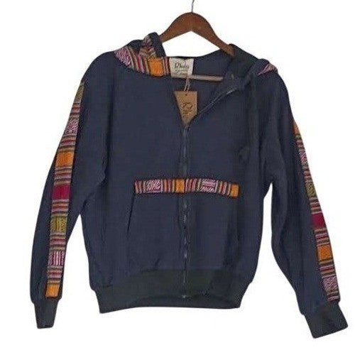NWT Rhea Artisan Fleece Hoodie Jacket Navy Boho Trim Zip Up Women Unisex L NWT