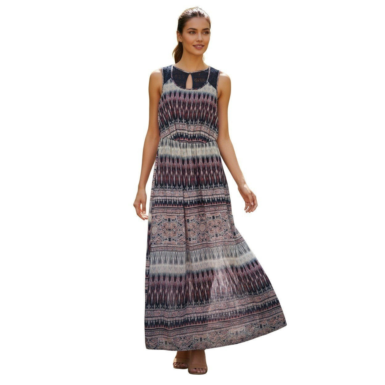 Trixxi Navy Pink Geometric Paisley Lace Sheer Maxi Dress Small Boho Slit Beach