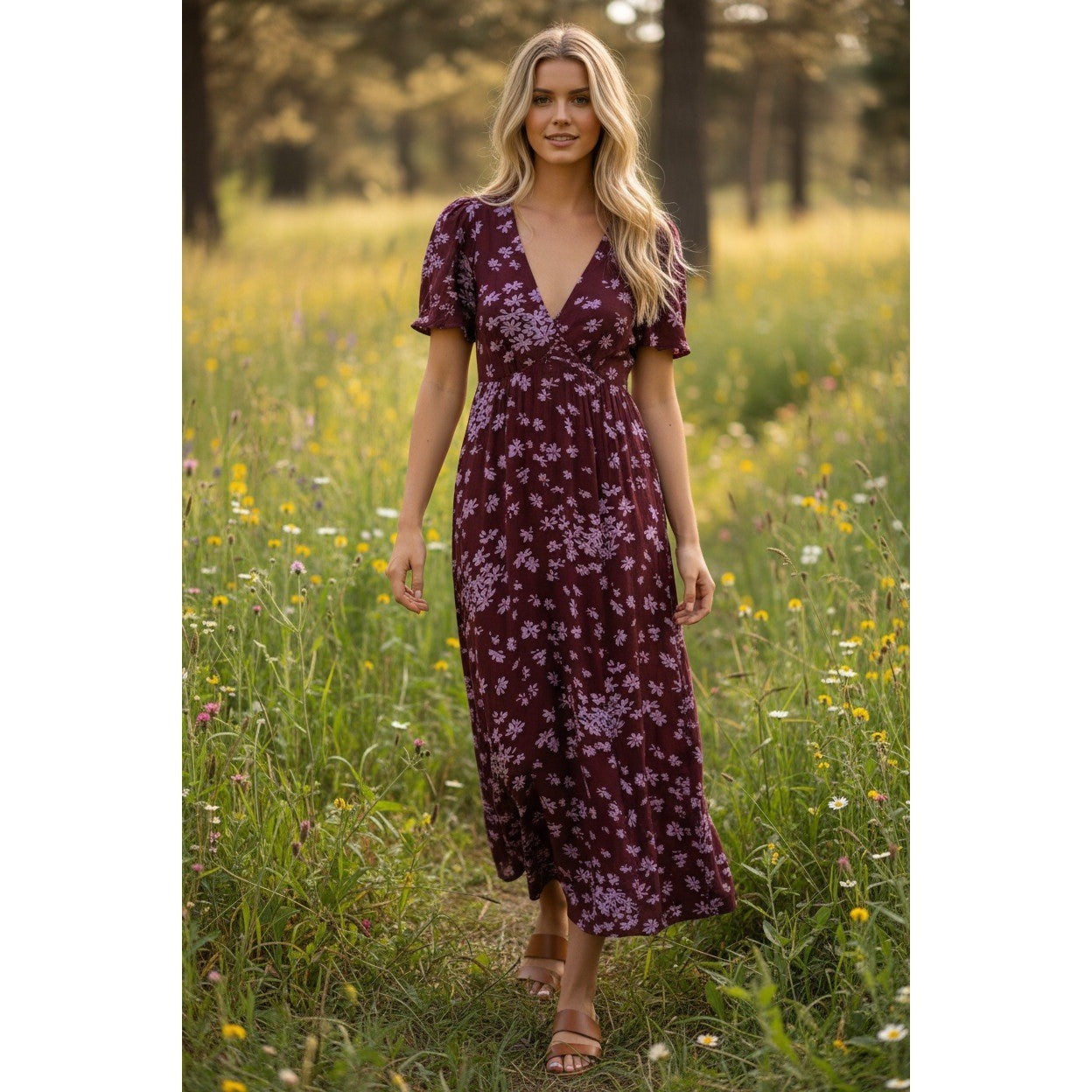 Madewell NWOT Burgundy Floral Cotton Midi Dress Cottagecore Prairie V-Neck S