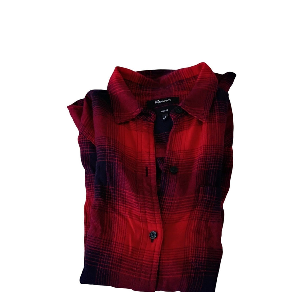 Madewell Classic Red Black Cotton Blend Plaid Button Up Shirt Classic Fit S