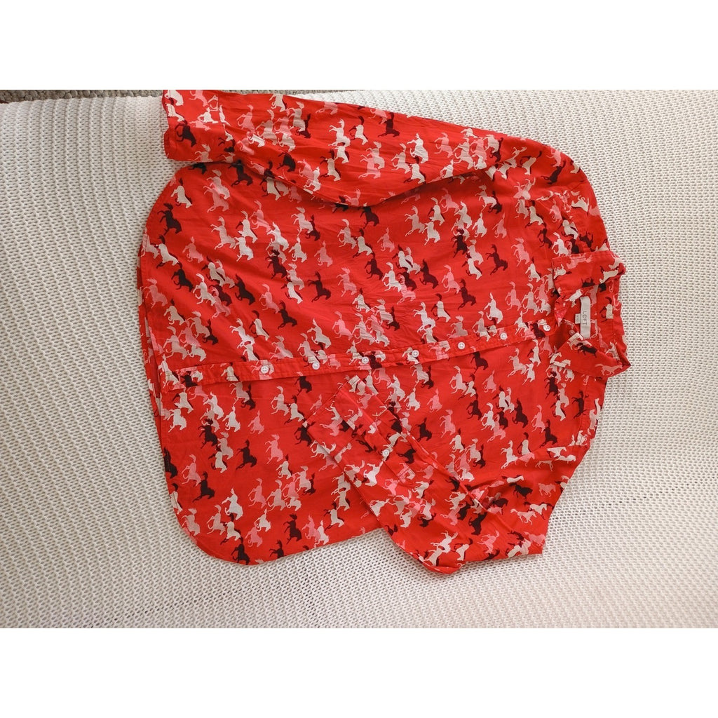 LOFT $60 Red Horse Equestrian Print Cotton Shirt Medium M Long Sleeve Preppy