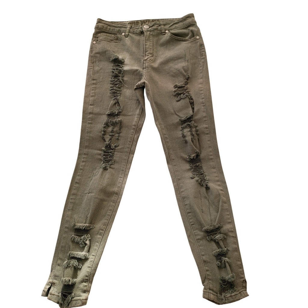VIP JEANS Olive Green Cropped Distressed Ripped Skinny Jeans 28x25 Edgy