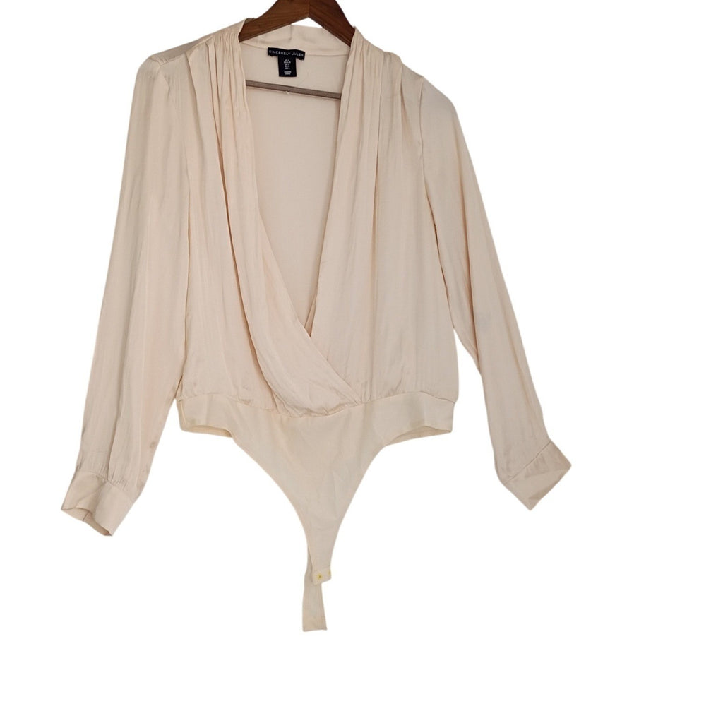 Sincerely Jules Elegant Feminine Cream Drape Front Bodysuit L Long Sleeve NWOT