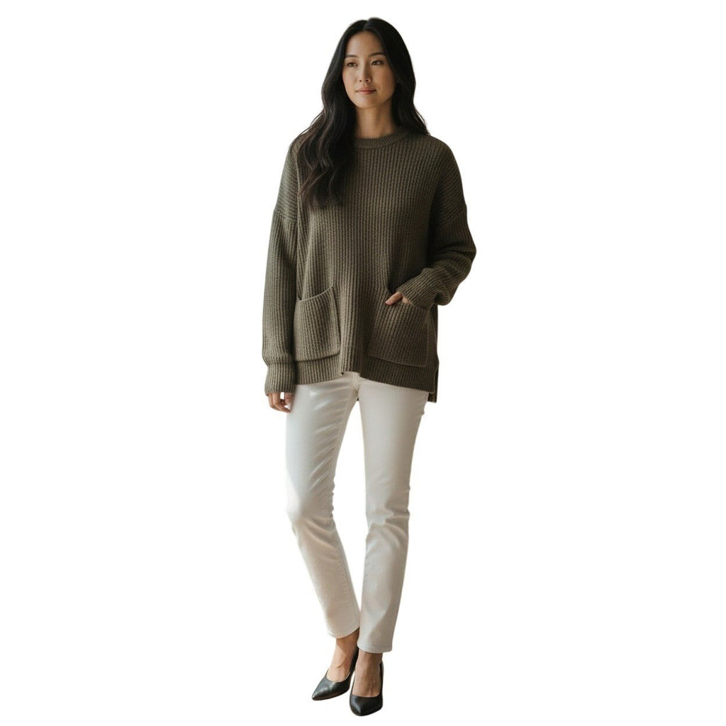 MADEWELL Olive Green Ribbed Crewneck Pocket Sweater S Cotton Blend Boho