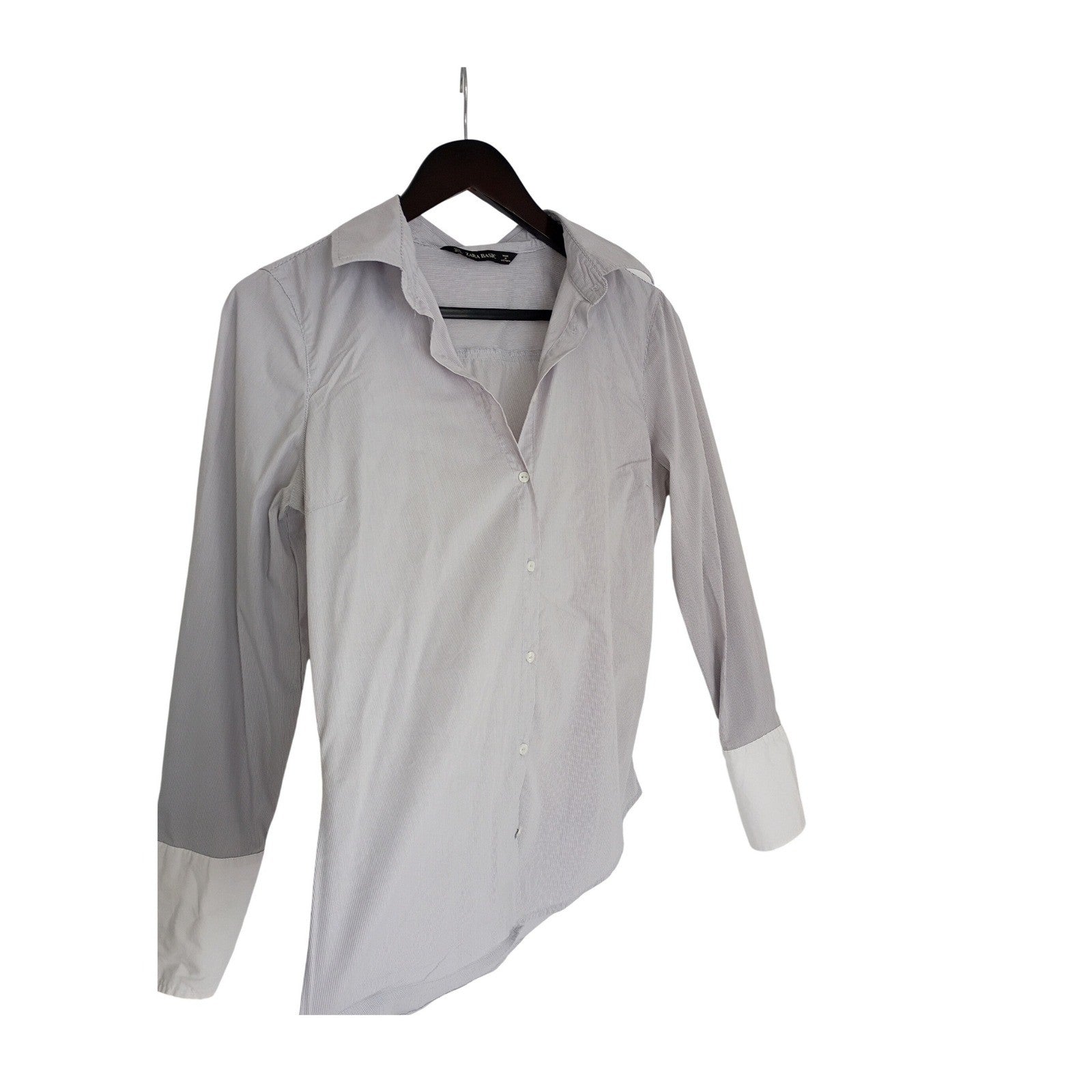 ZARA Classic Grey White Micro Stripe Button Down Shirt Contrast Cuff Fits S/M