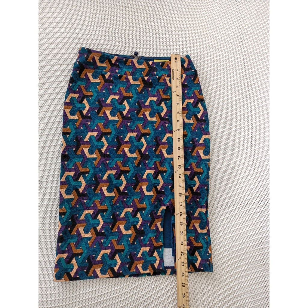 Maeve Anthropologie Geometric Optical Illusion Pencil Skirt Teal Purple Cotton S
