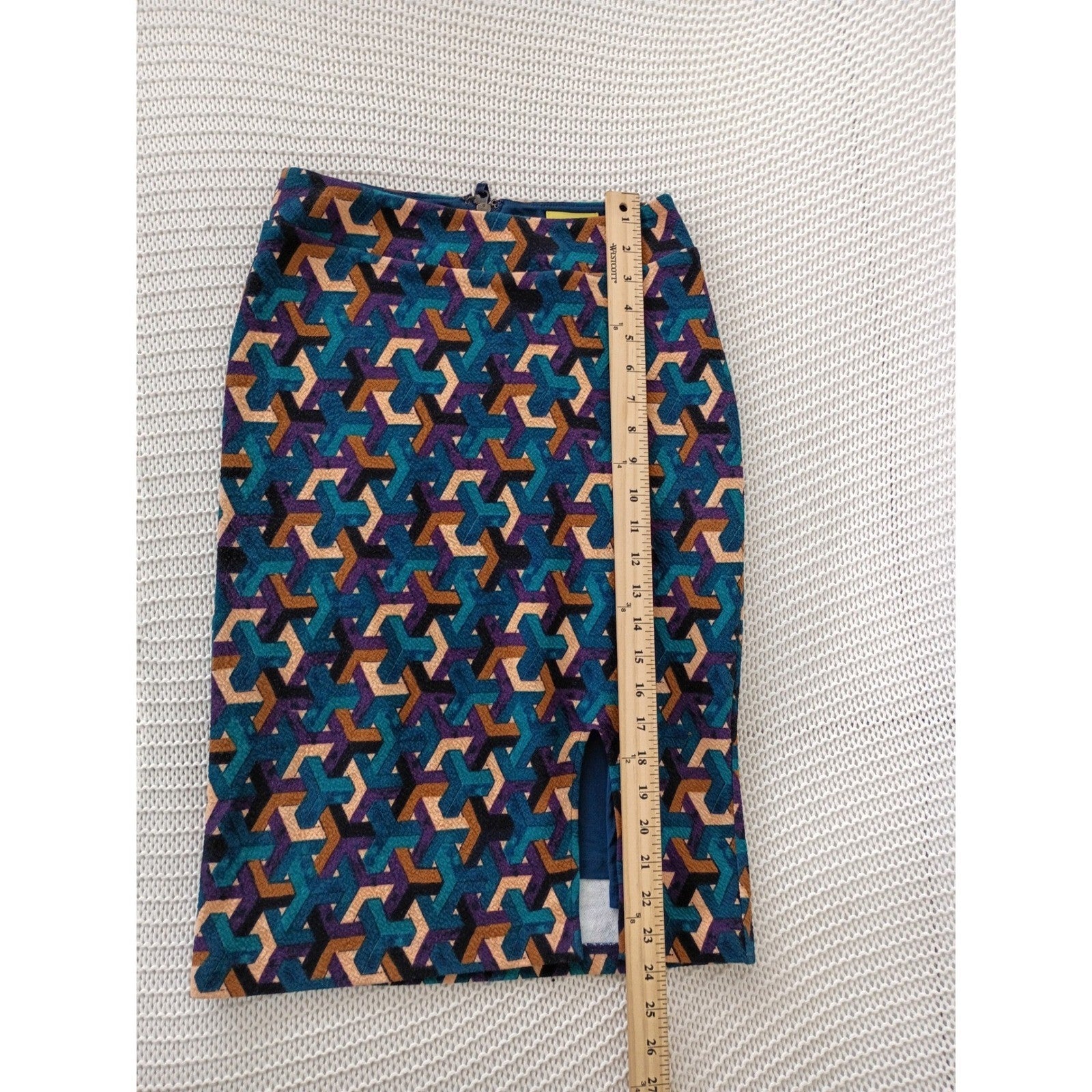 Maeve Anthropologie Geometric Optical Illusion Pencil Skirt Teal Purple Cotton S