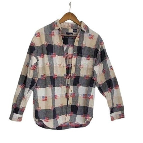 COMPANY ONE Plaid Americana Flag Patchwork Button Down Shirt L 100% Cotton