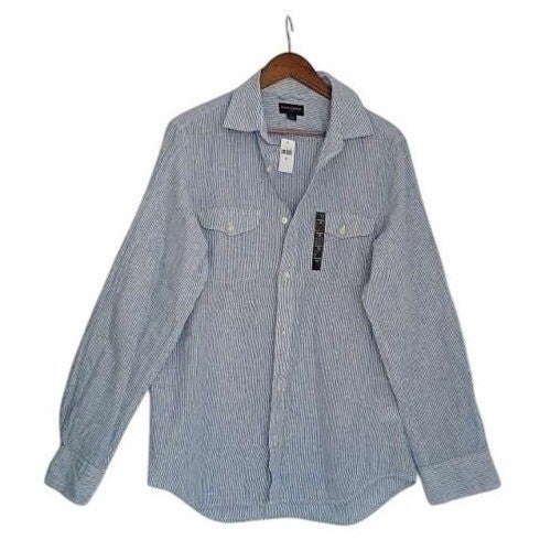 New Banana Republic Blue White Stripe 55% Linen  Button Down Shirt Men Medium M