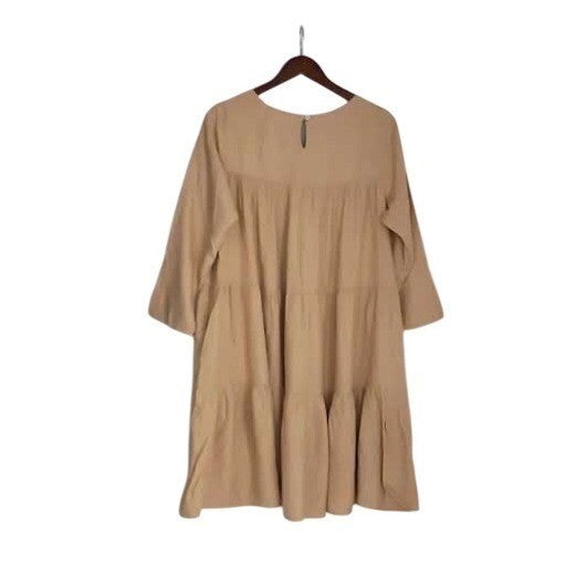 Rhea NWT BOHO Handmade Cotton Block Print Tunic Gold Tiered Bell Sleeve M/L