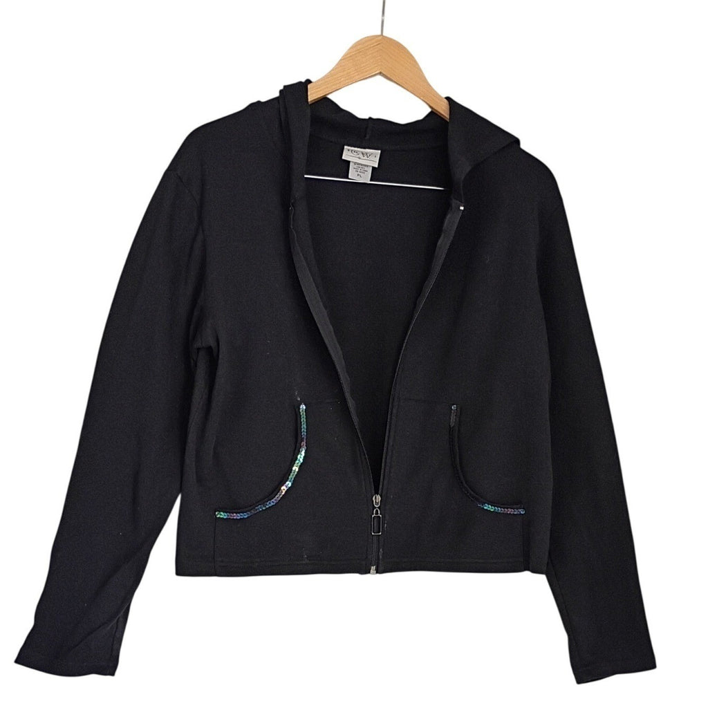 C.W. SPORT Black Cotton Zip-Up Hoodie Sequin Pocket Detail Large Casual