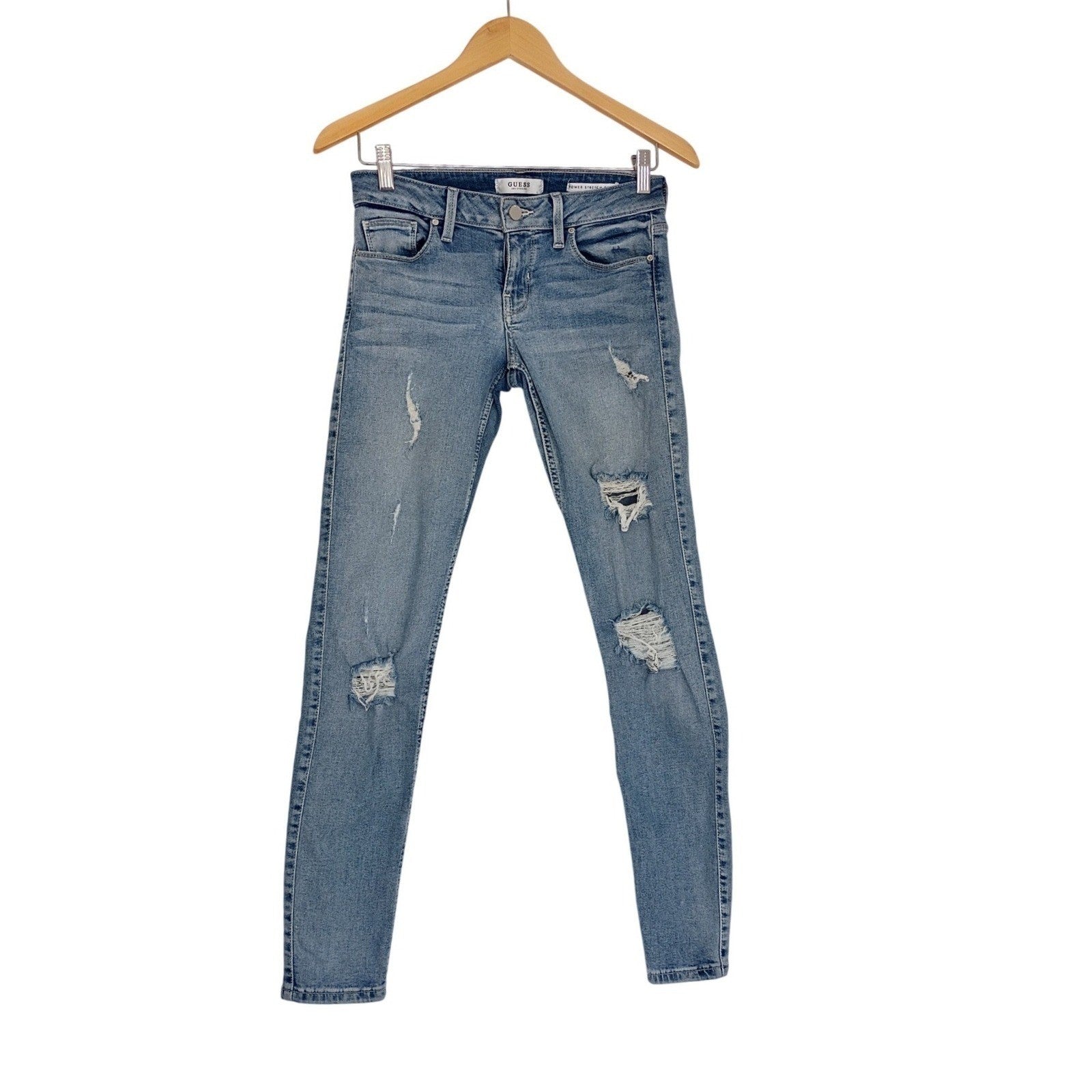 Guess Power Stretch Skinny Jeans Blue Distressed Ripped Light Wash 26x28