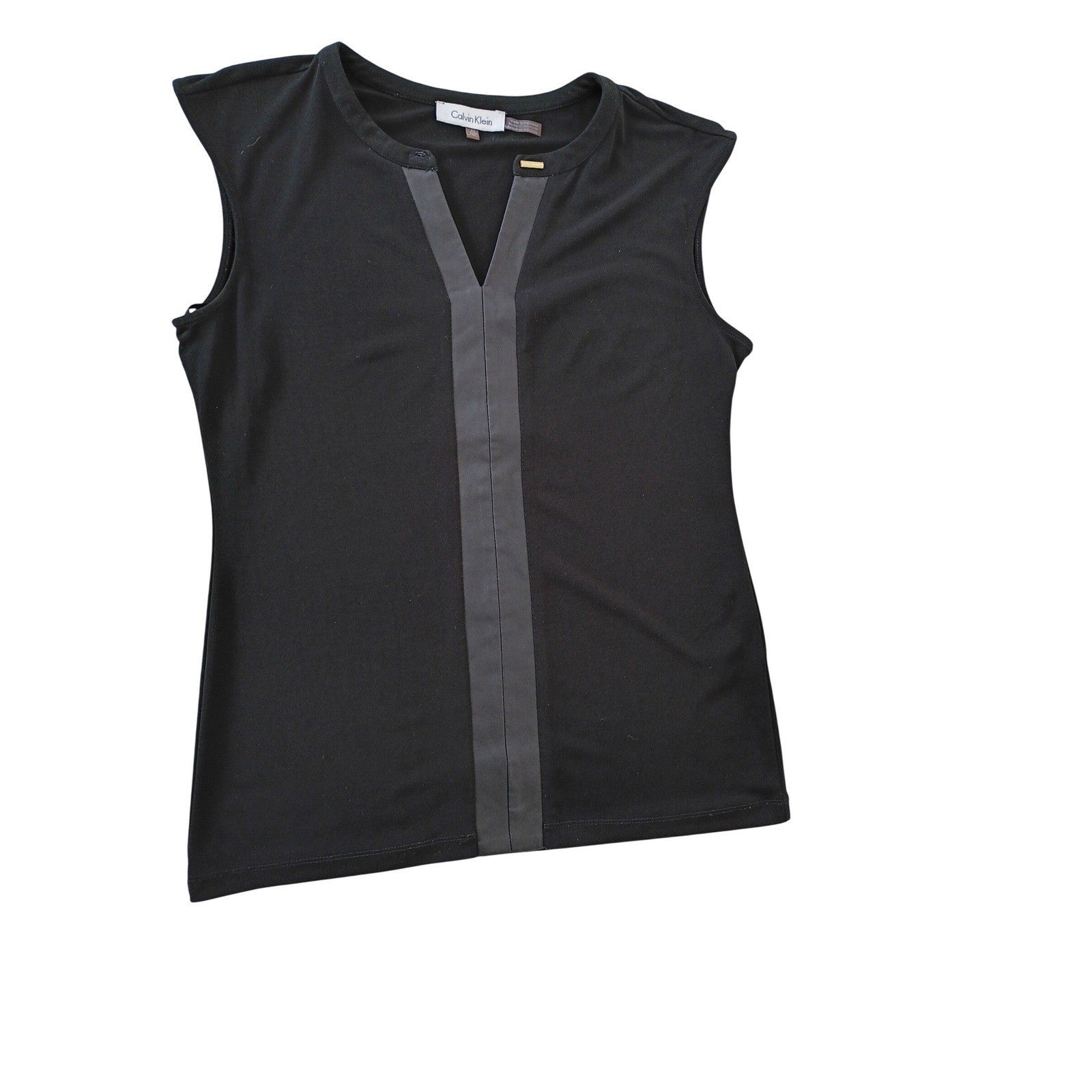 Calvin Klein Black Sleeveless V-Neck Sheath Top with Faux Leather Trim Size M