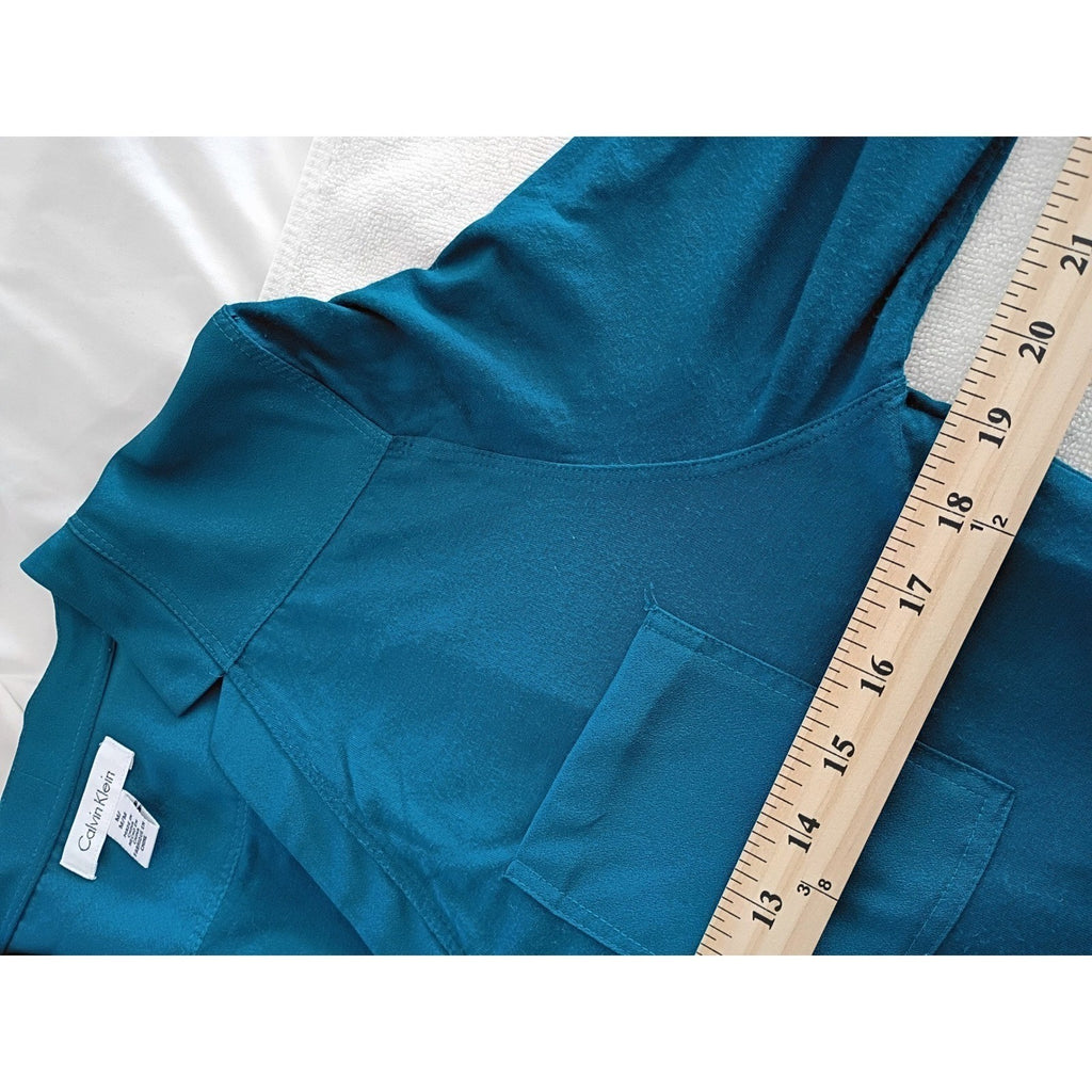 Calvin Klein Teal Blue 3/4 Sleeve V Neck Roll Tab Pocket Shirt Women's M