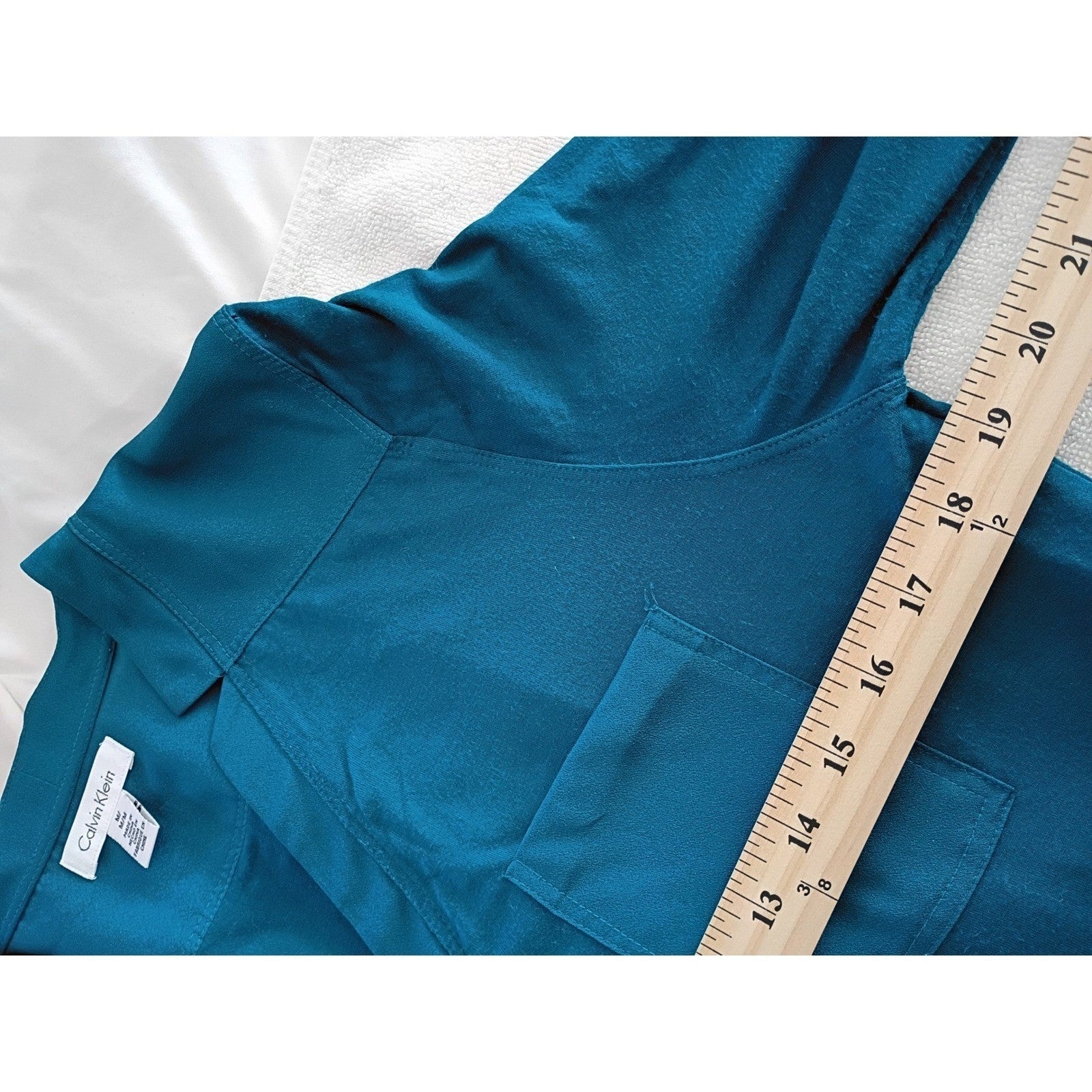 Calvin Klein Teal Blue 3/4 Sleeve V Neck Roll Tab Pocket Shirt Women's M