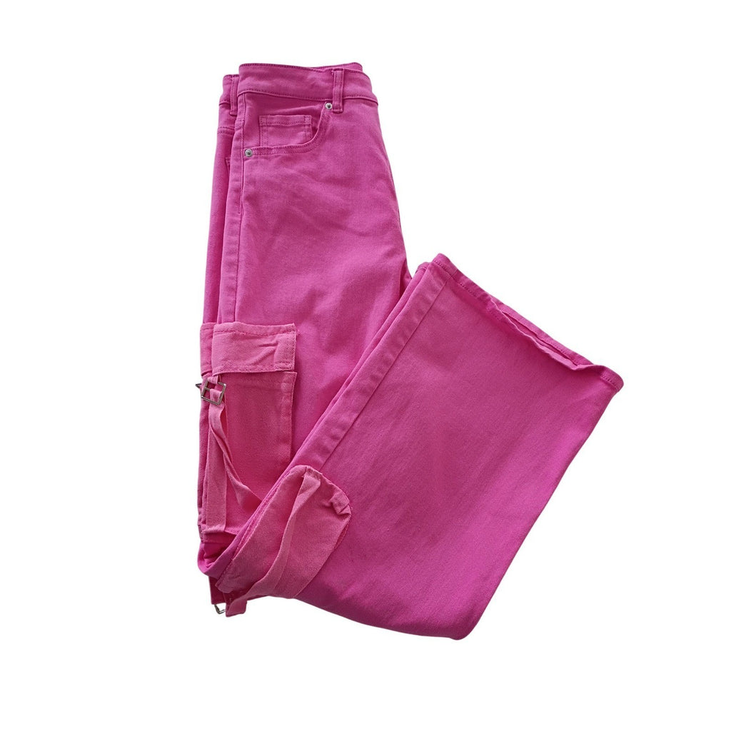 Hot Pink Cargo Jeans Wide Leg High Waisted Denim Pants