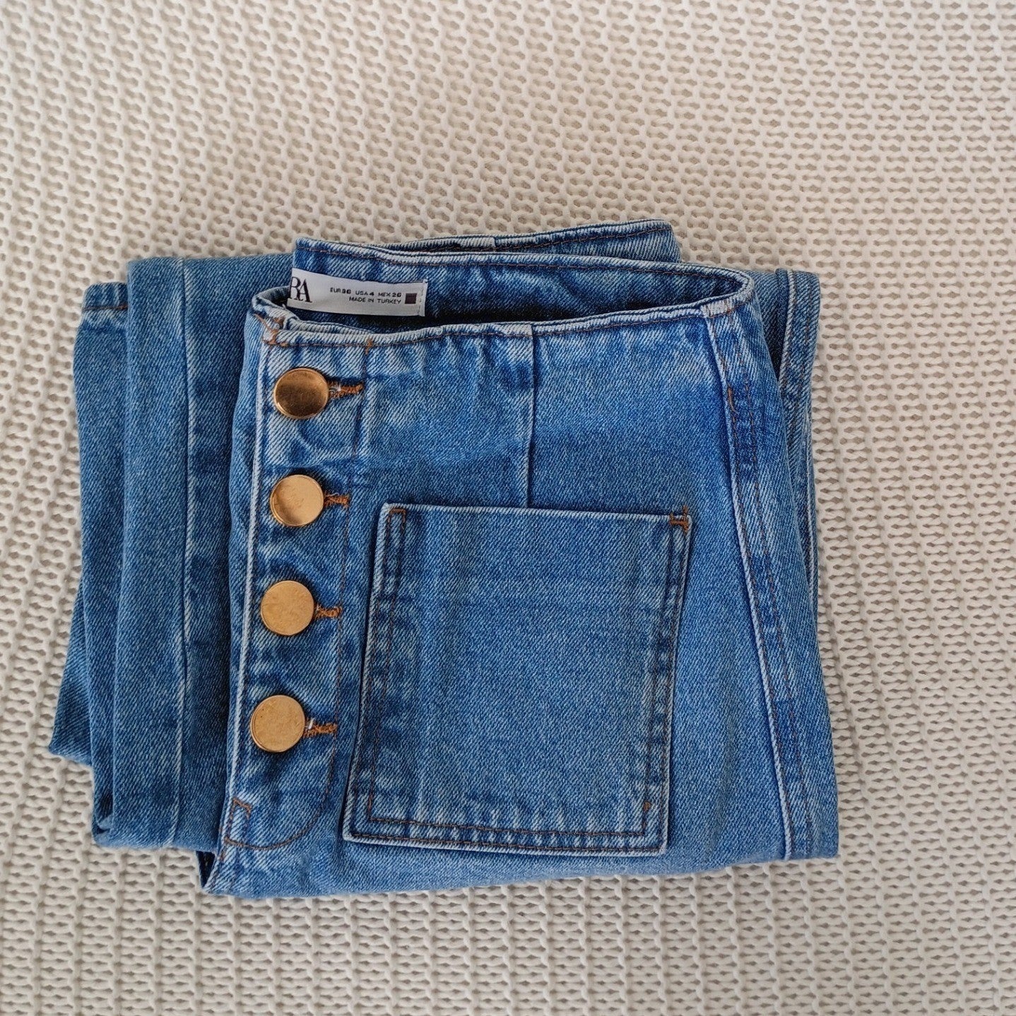ZARA Super High Rise 13" Wide Leg Jeans Blue Patch Pocket Button Fly 4 W26x25
