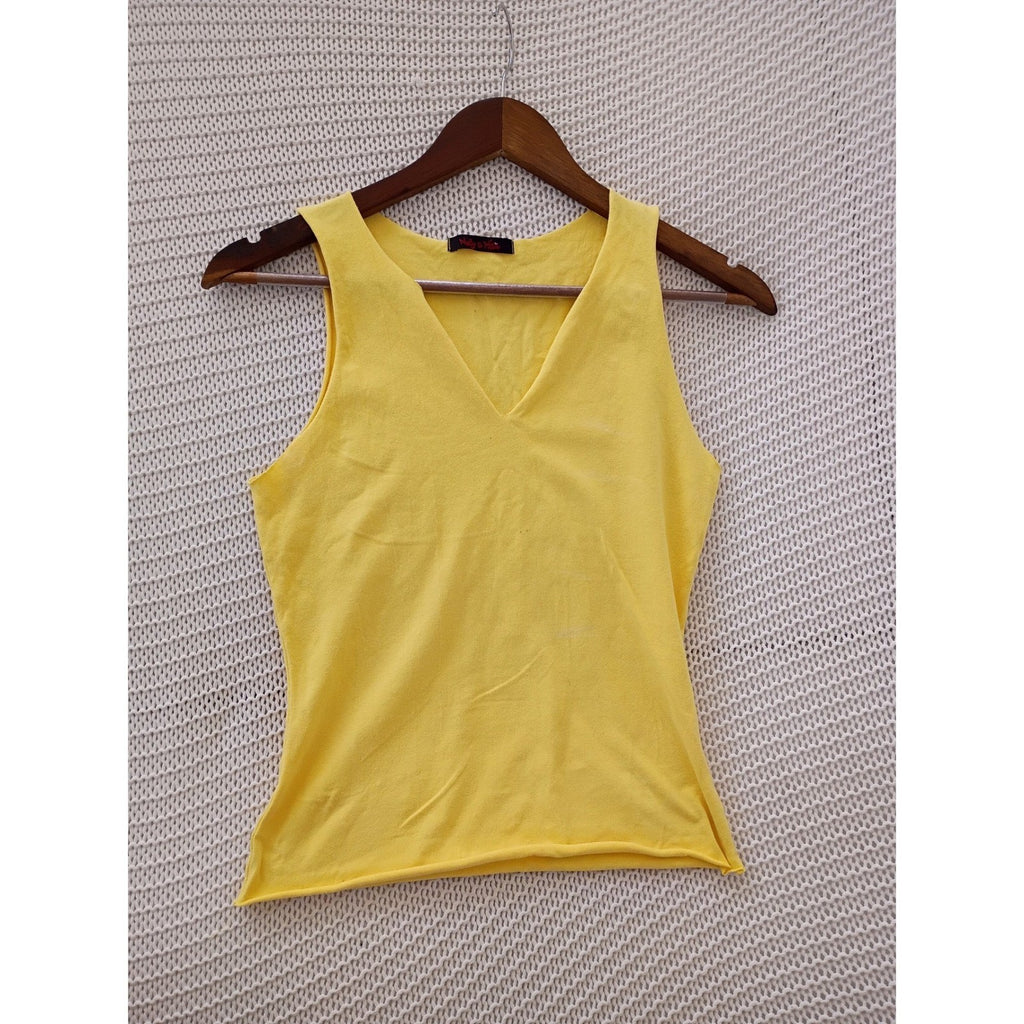 Nally & Millie Vibrant Yellow V-Neck Sleeveless Tank Top Raw Hem USA S M Boho
