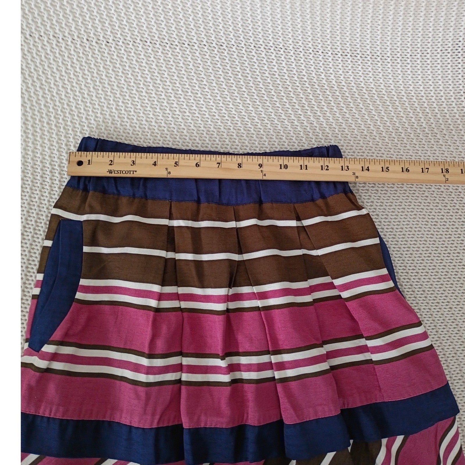Maeve Anthropologie Striped Mini Skirt Pink Brown Navy Blue Fits S Elastic Waist