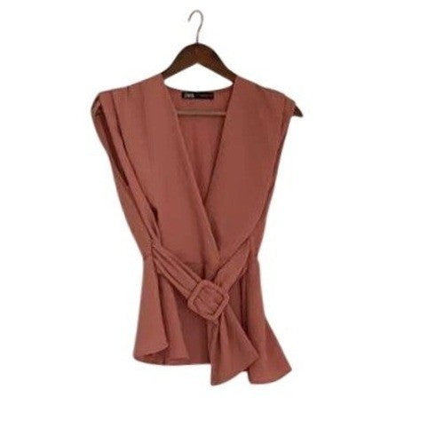 Zara Dusty Rose Pink Peplum Wrap Top Belted V-Neck Sleeveless Fits S Small 2 4