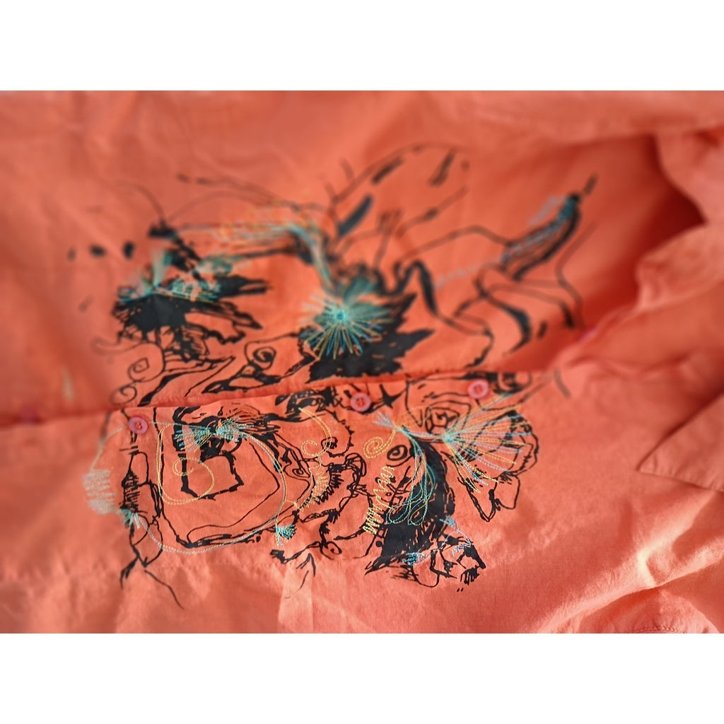 ARTISAN Orange Button-Front Shirt East Asian Inspired Floral Art Ink-Style S