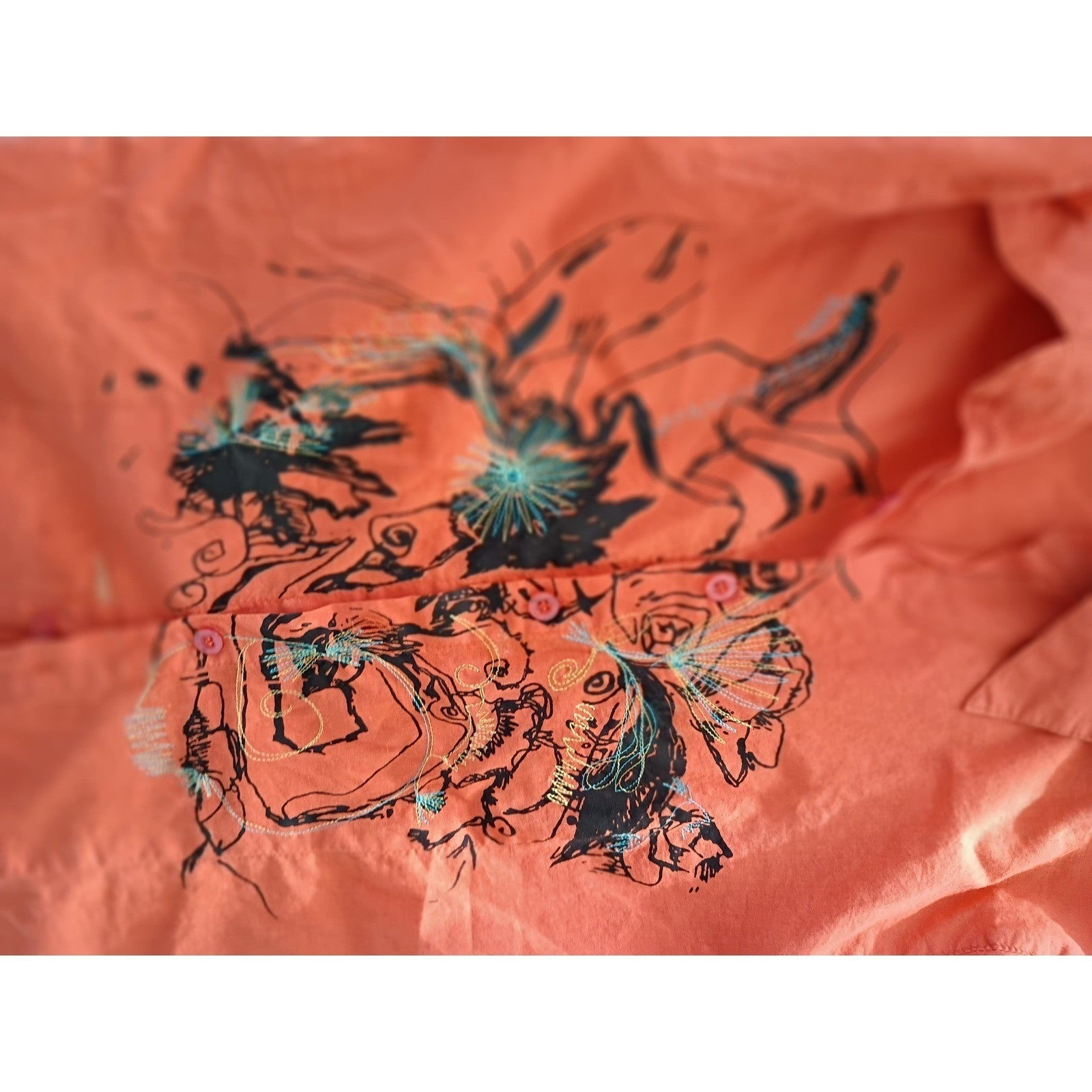 ARTISAN Orange Button-Front Shirt East Asian Inspired Floral Art Ink-Style S