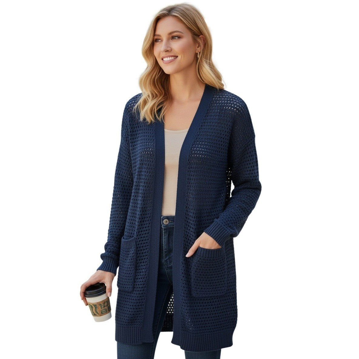 GAP NWT 100% Cotton Mesh Blue Crochet Knit Cardigan Longline Open Cozy Layer S