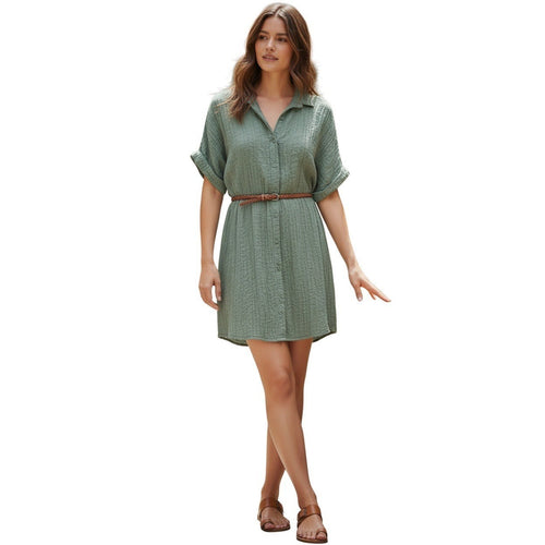 Abercrombie Boho Olive Green Textured Cotton Shirt Dress Medium Boho Coastal 34"