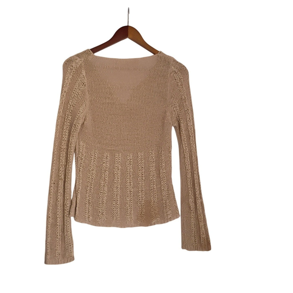 Max Studio Tan Beige Lace Up Hippie V-Neck Open Knit Ribbed Sweater S Coastal