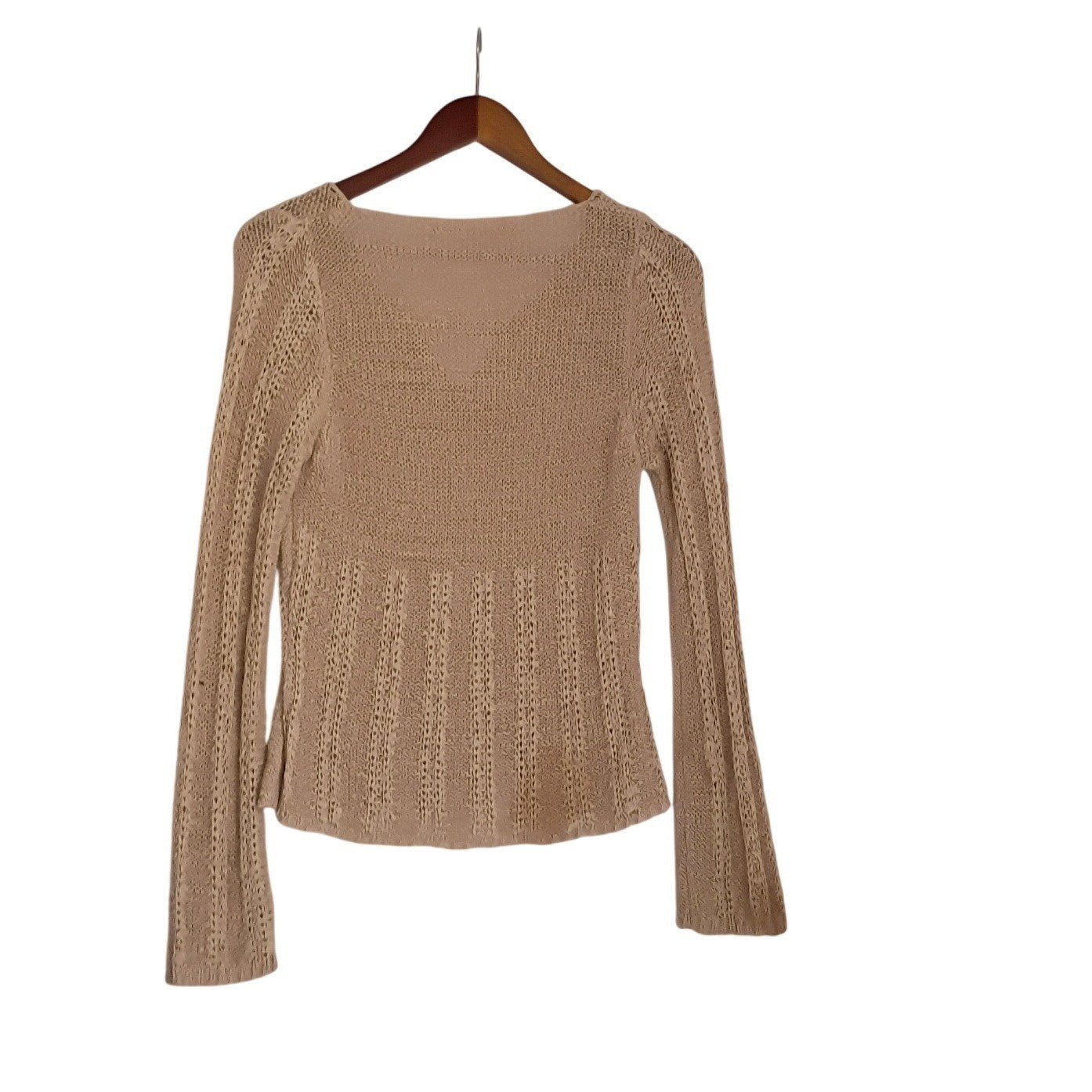 Max Studio Tan Beige Lace Up Hippie V-Neck Open Knit Ribbed Sweater S Coastal