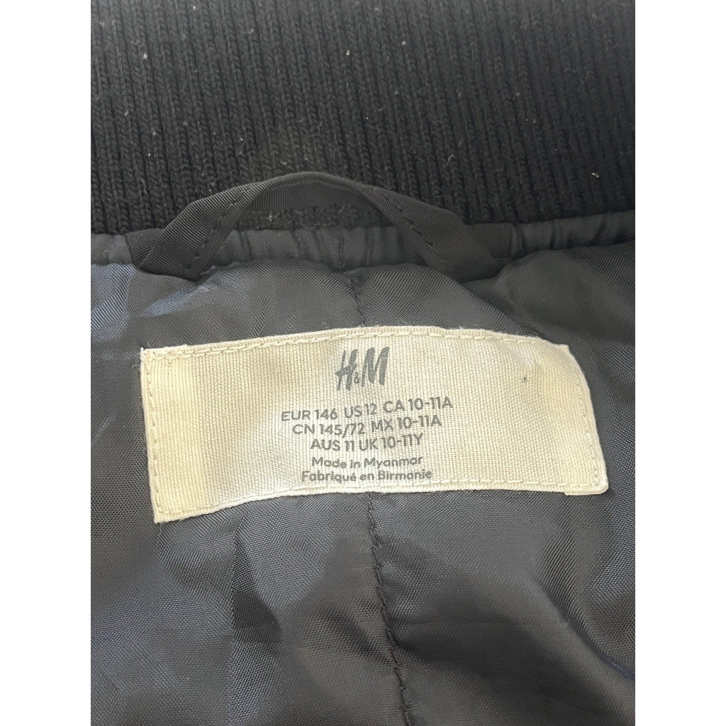 H M Black Bomber Jacket Full Zip Ring Detail Ribbed Cuffs Sz 10 11