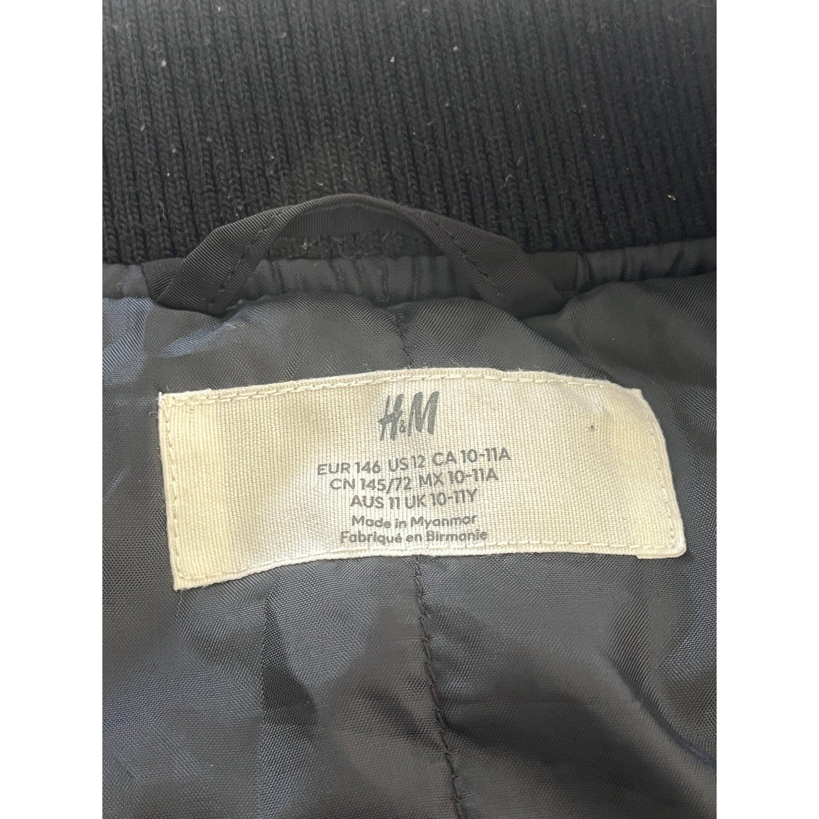H M Black Bomber Jacket Full Zip Ring Detail Ribbed Cuffs Sz 10 11