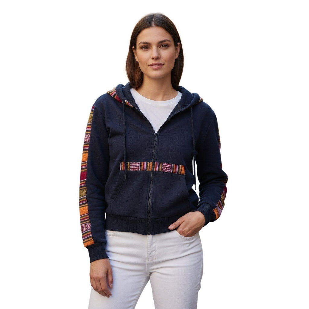 NWT Rhea Artisan Fleece Hoodie Jacket Navy Boho Trim Zip Up Women Unisex L NWT