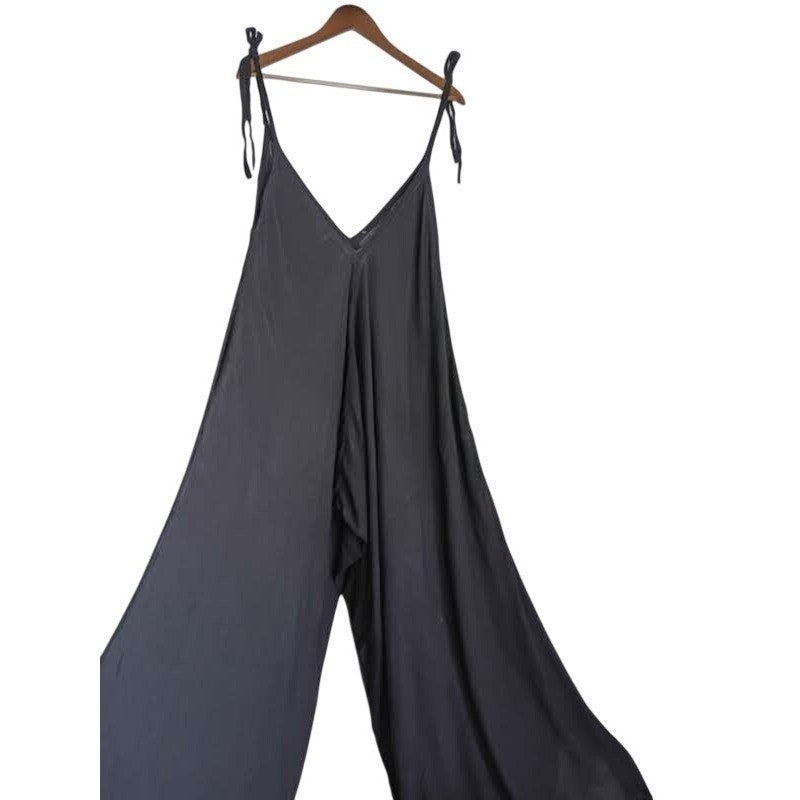 NWT RHEA Black Wide Leg Jumper Romper OS Shoulder Tie Handmade Jumpsuit BOHO