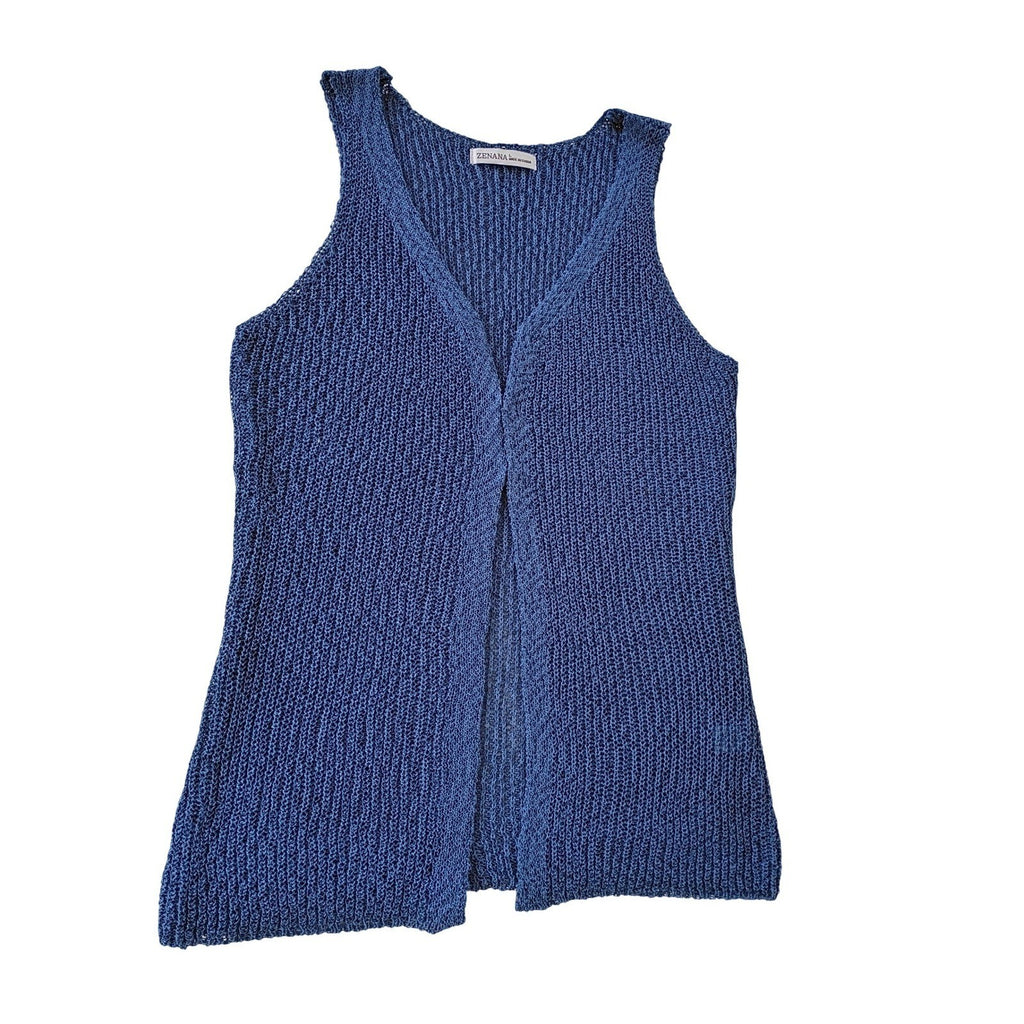 NWT Zenana Boho Blue Open Knit Crochet Sleeveless V-Neck Vest M Festive