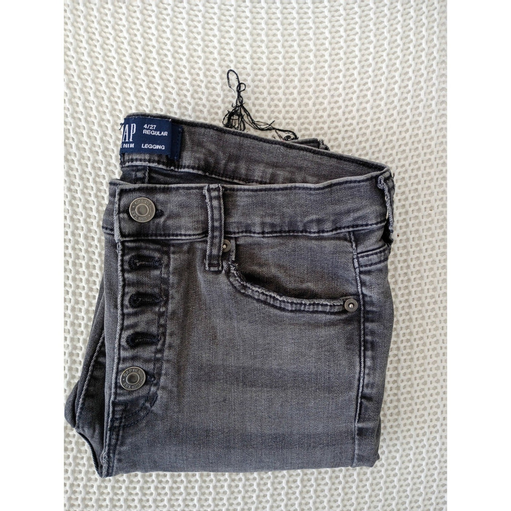 GAP Legging High Rise Button Fly Raw Hem Faded Black Jeans 4R 27x28 Stretch