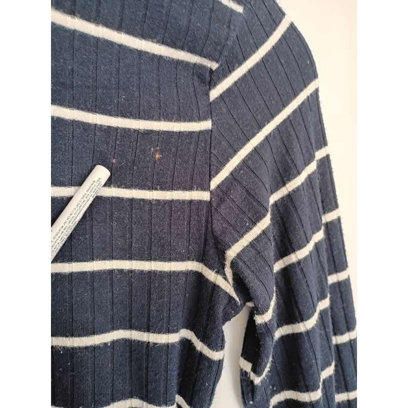 GARAGE Striped Distressed Ribbed Knit Crop Top Navy White XS