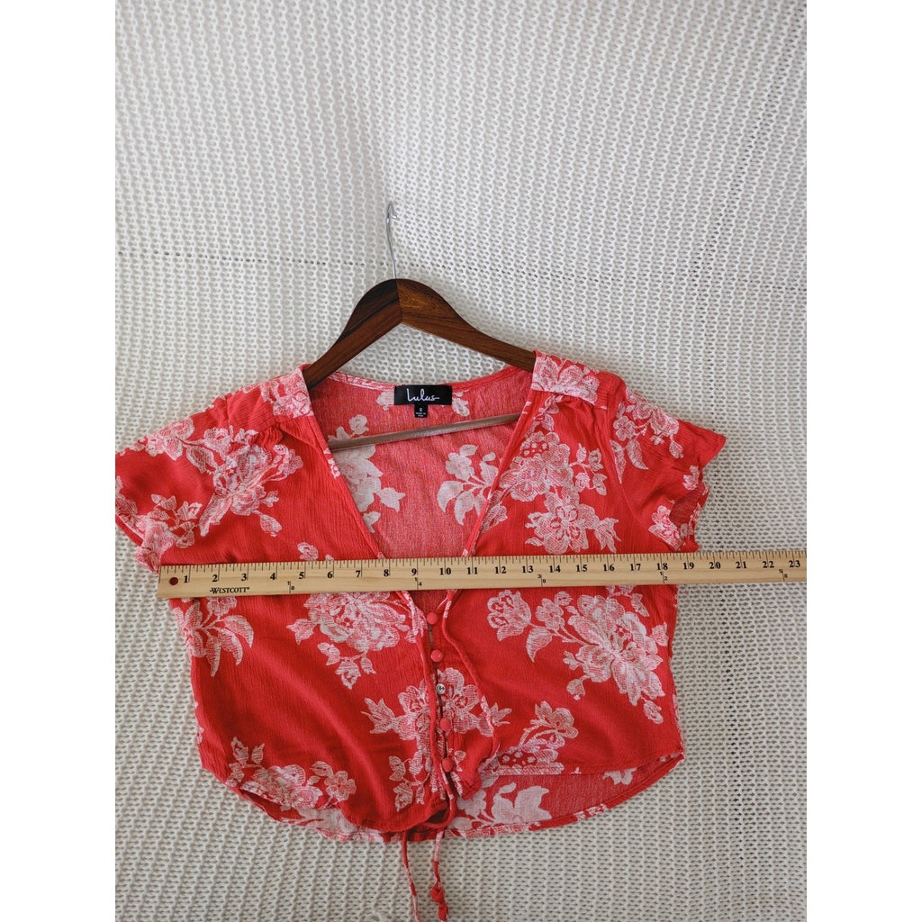 Lulus Coquette Red White Floral Tie Front Crop Top Puff Sleeve Milkmaid S