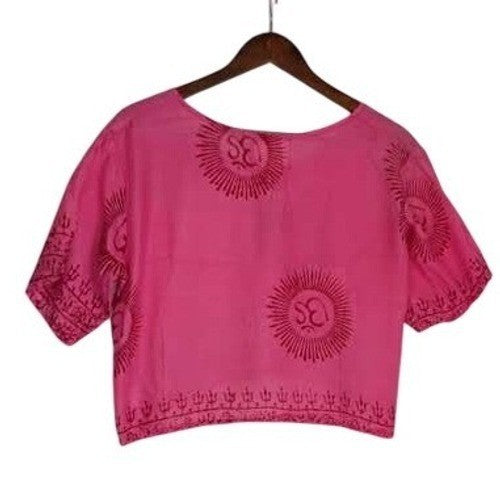 RHEA NWT Pink Mandala Block Print Crop Top S/M Boho Rayon Blouse Made In India