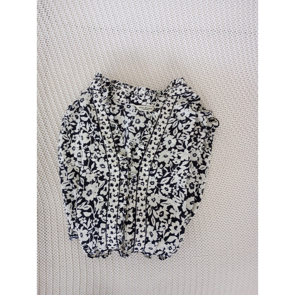 Max Studio London Black White Floral Smocked Waist Tiered Midi Dress Medium